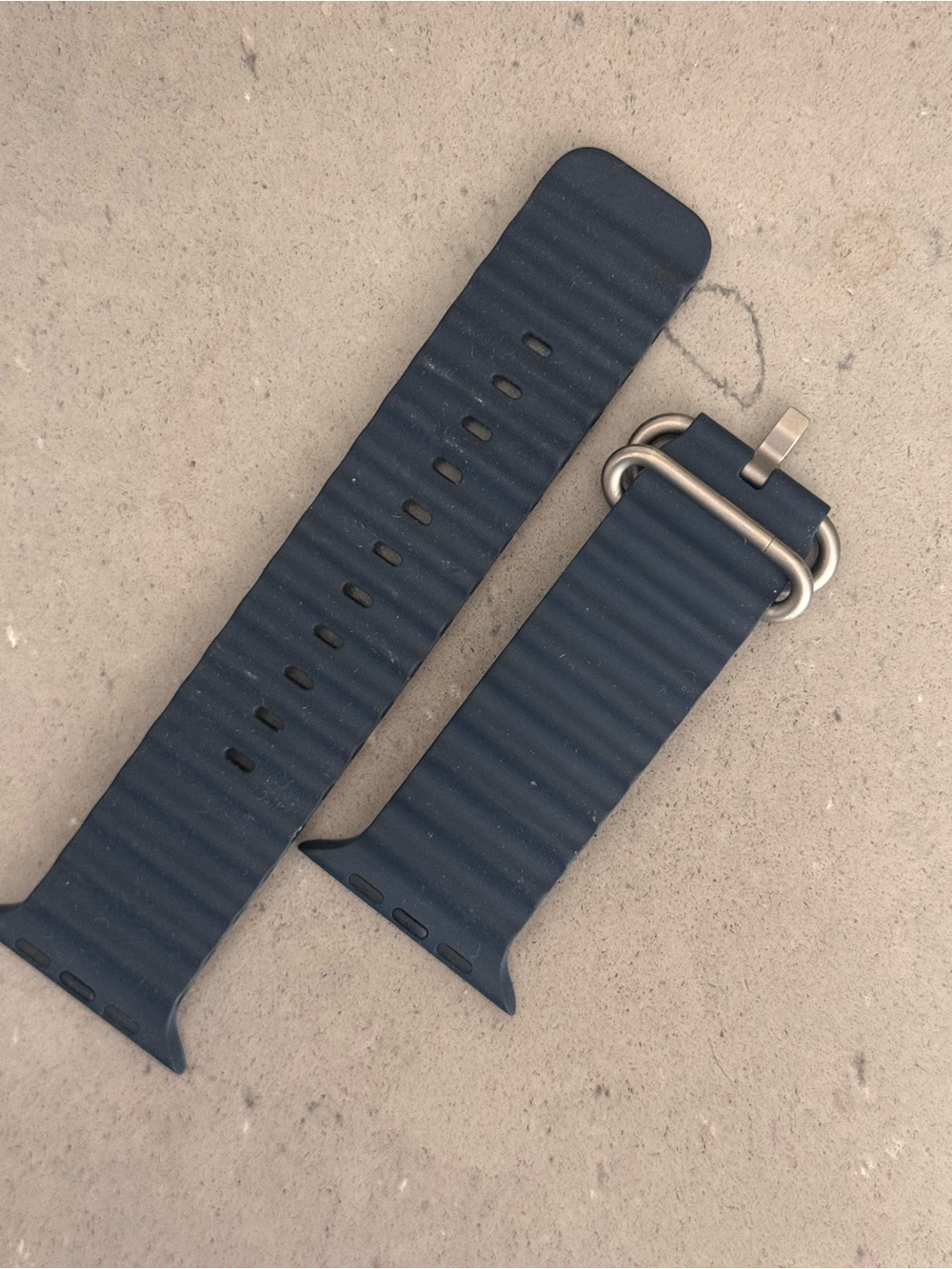 Blue Silicone Ribbed Apple Watch Band with Silver Hardware
